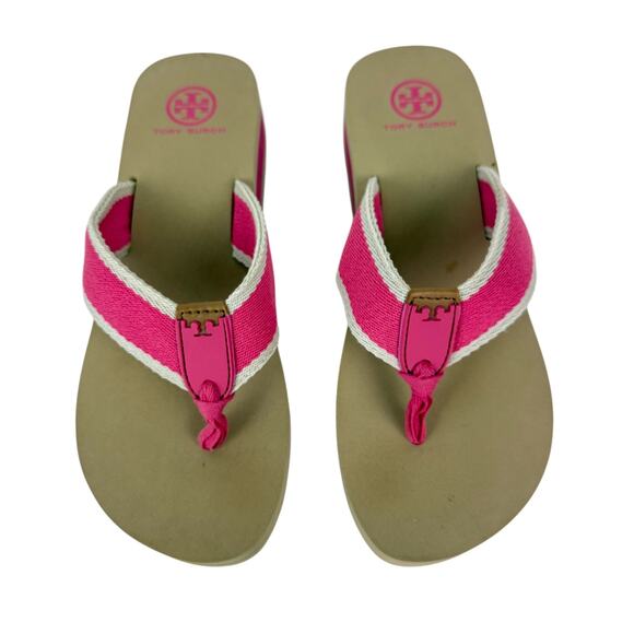 Tory Burch Wilhelm Pink Tan Wedge Flip Flops Platform Sandals Women's 8M - Picture 2 of 11